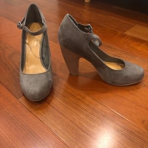 Gray pumps with ankle straps